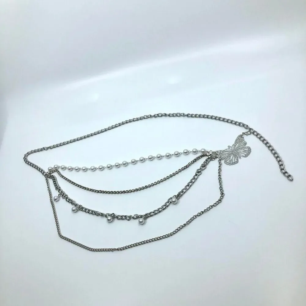 Women's Silver Butterfly Pearl Layered Chain Belt, 35 Inches, X7G9A1046